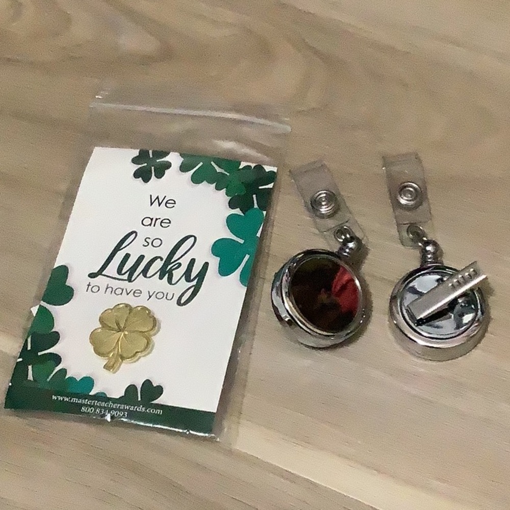 Badge Card Holder (2) 2piece silver w a lucky pin NEW all pieces